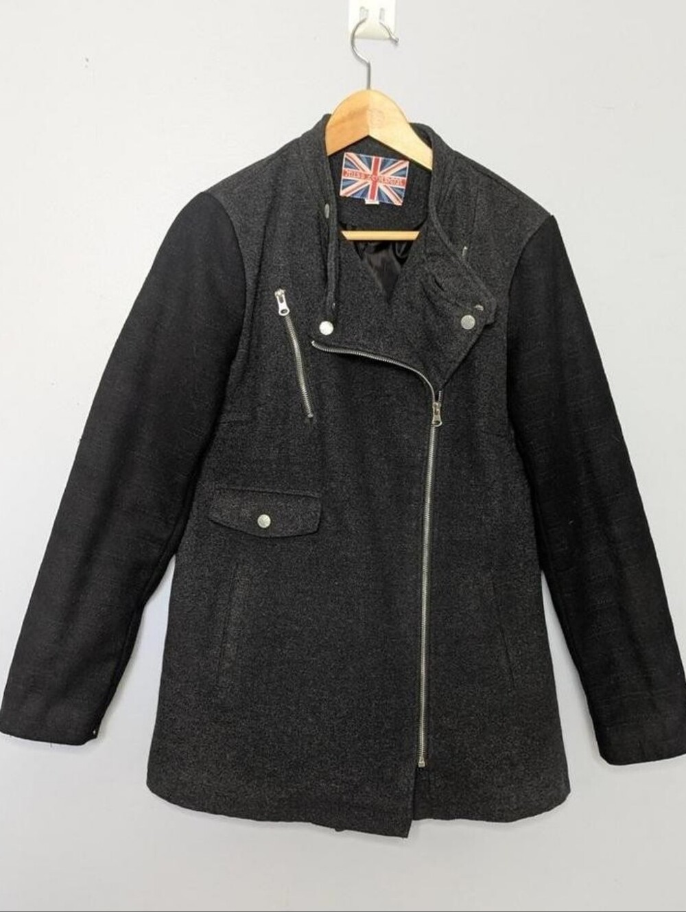 Miss London Wool Blend Mixed Media Longline Moto Biker Coat Jacket Grey L